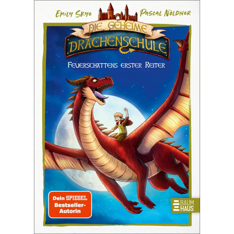 Ein Junge reitet auf einem roten Drachen vor Vollmond auf dem Cover eines deutschen Fantasybuchs. Ein Junge reitet auf einem roten Drachen vor Vollmond auf dem Cover eines deutschen Fantasybuchs.