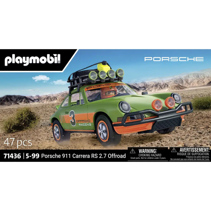 Playmobil Porsche 911 Carrera RS 2.7 Offroad-Set, 47 Teile, für Kinder ab 5 Jahren, dargestellt in der Wüste.