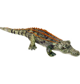 Ein realistisches Plüsch-Alligator-Spielzeug mit grünen Schuppen und orangefarbenen Rückenrillen.