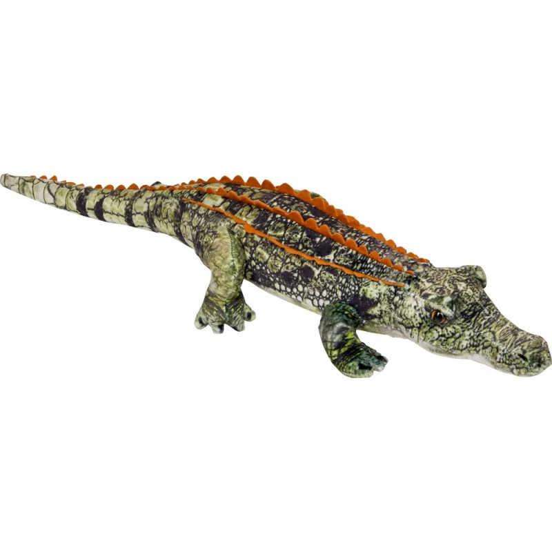 Ein realistisches Plüsch-Alligator-Spielzeug mit grünen Schuppen und orangefarbenen Rückenrillen. Ein realistisches Plüsch-Alligator-Spielzeug mit grünen Schuppen und orangefarbenen Rückenrillen.