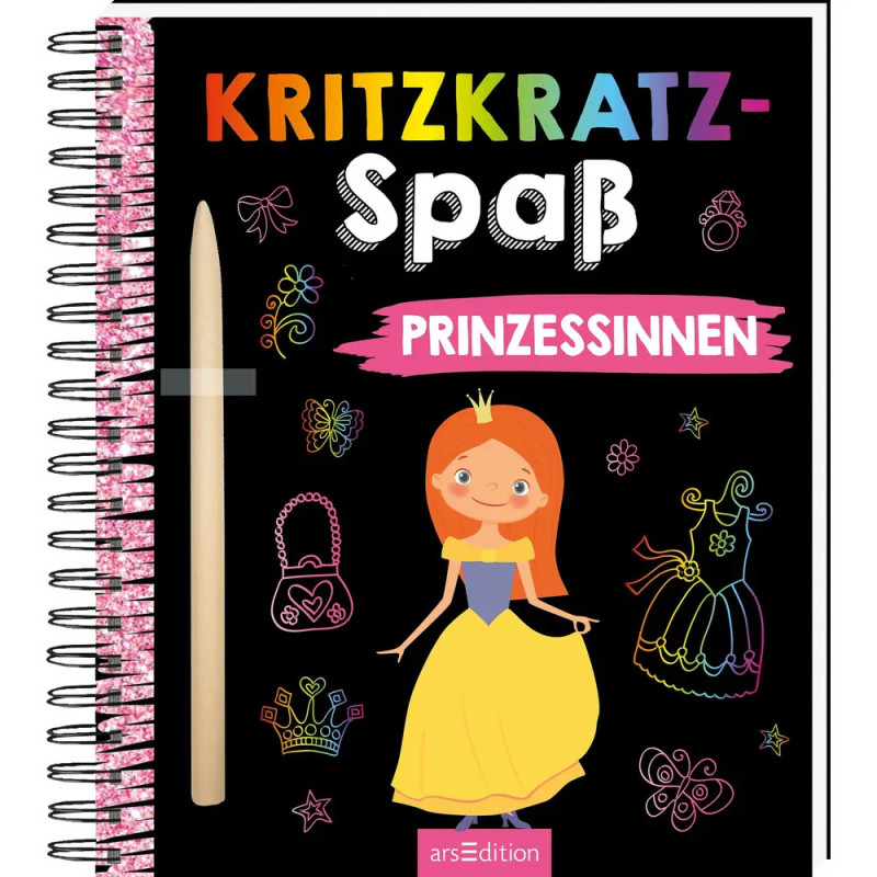 Spiralblock mit Kritzkratz-Spaß Prinzessinnen-Cover, zeigt eine Prinzessin und Kratzkunst-Motive.