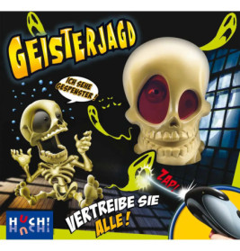 Cartoonhafte Totenköpfe und Skelette mit deutschem Text werben für das Spiel Geisterjagd von Huch!.