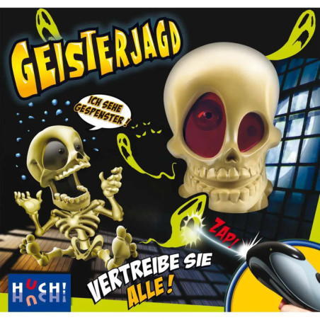 Cartoonhafte Totenköpfe und Skelette mit deutschem Text werben für das Spiel Geisterjagd von Huch!. Cartoonhafte Totenköpfe und Skelette mit deutschem Text werben für das Spiel Geisterjagd von Huch!.