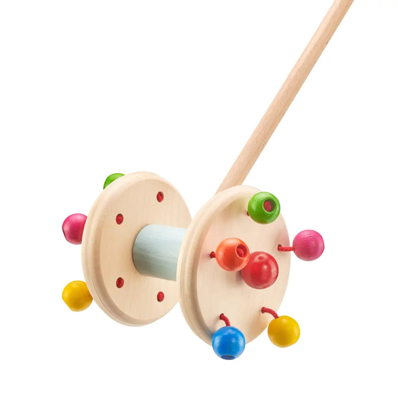 Holzschiebetier mit zwei Rädern und bunten Perlen, geeignet für kleine Kinder.