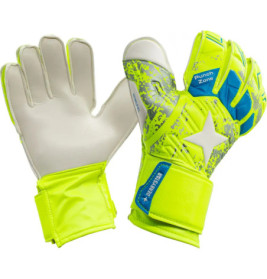 Neongelbe und blaue Torwarthandschuhe mit weißen Handflächen und Klettverschlüssen am Handgelenk.