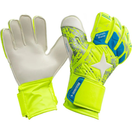 Neongelbe und blaue Torwarthandschuhe mit weißen Handflächen und Klettverschlüssen am Handgelenk.