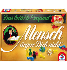 Box der Mensch ärgere Dich nicht mit bunten Spielfiguren und Würfeln.