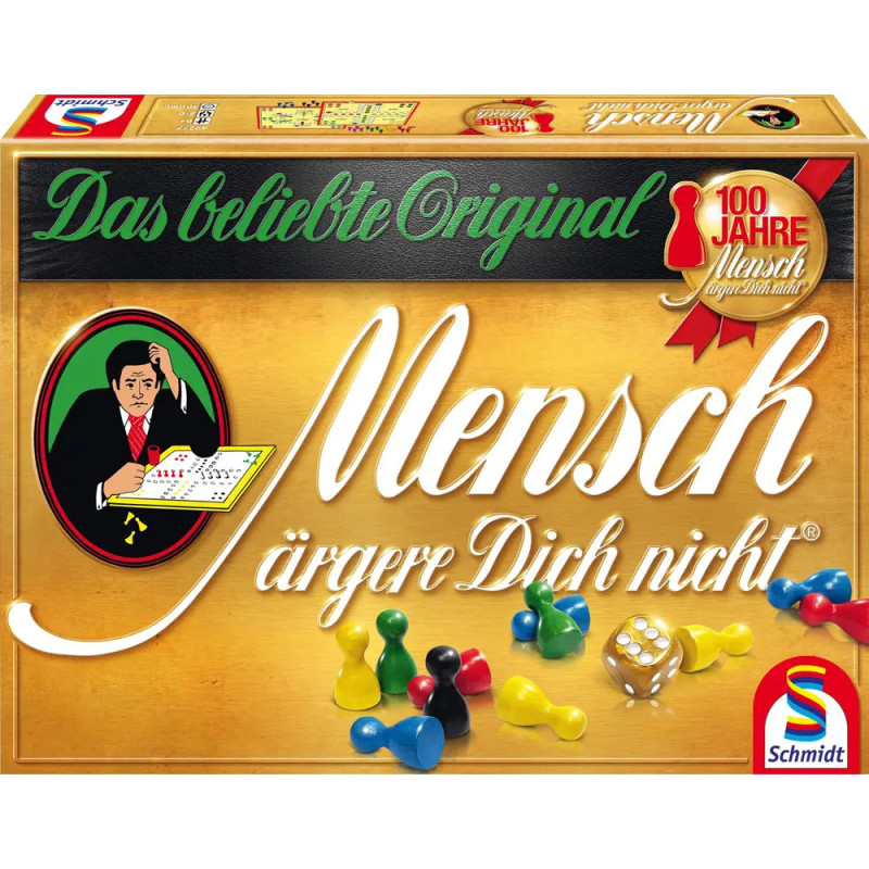 Box der Mensch ärgere Dich nicht mit bunten Spielfiguren und Würfeln.