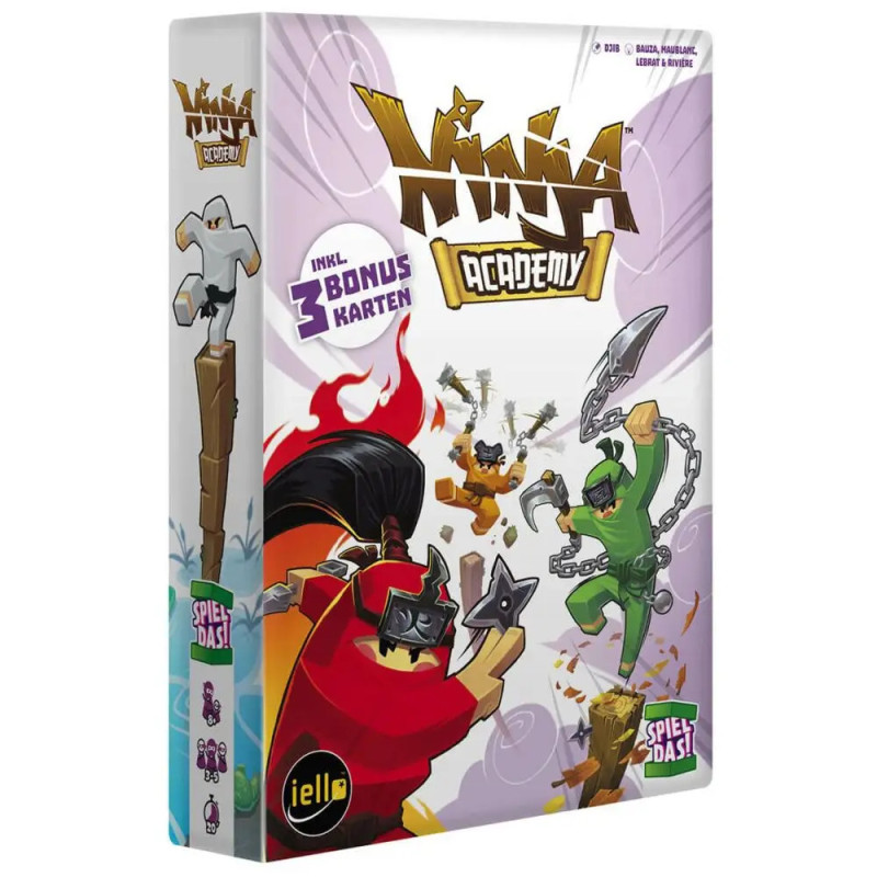 Bunte Ninja Academy Brettspiel-Box mit Cartoon-Ninjas in Actionposen und dynamisch-verspieltem Design.