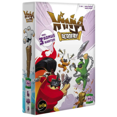 Bunte Ninja Academy Brettspiel-Box mit Cartoon-Ninjas in Actionposen und dynamisch-verspieltem Design.