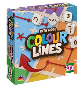 Bunte Colour Lines-Spieleschachtel mit Würfeln, rotem Pfeil und Patchwork-Hintergrund.