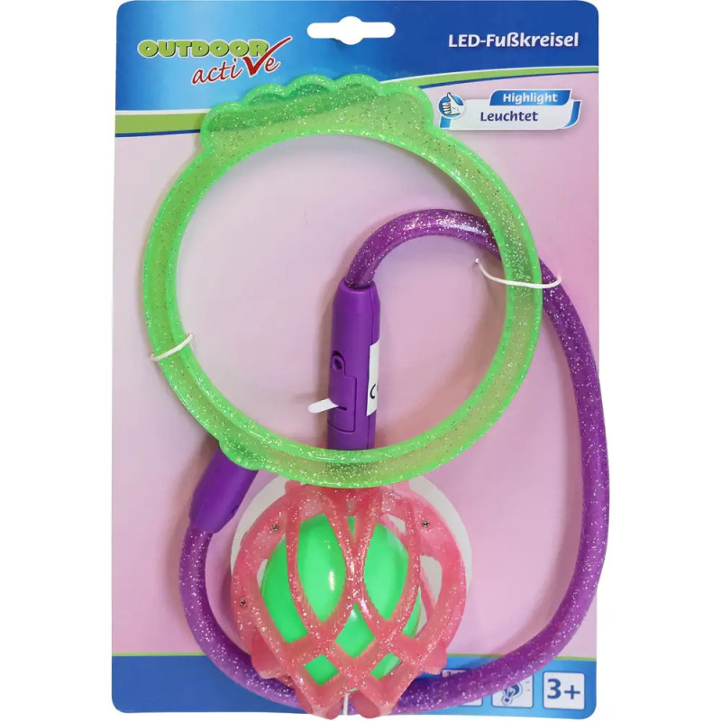 Glitzerndes LED-Sprung- und Drehspielzeug für Kinder in Grün und Lila auf pink-blauer Verpackung.