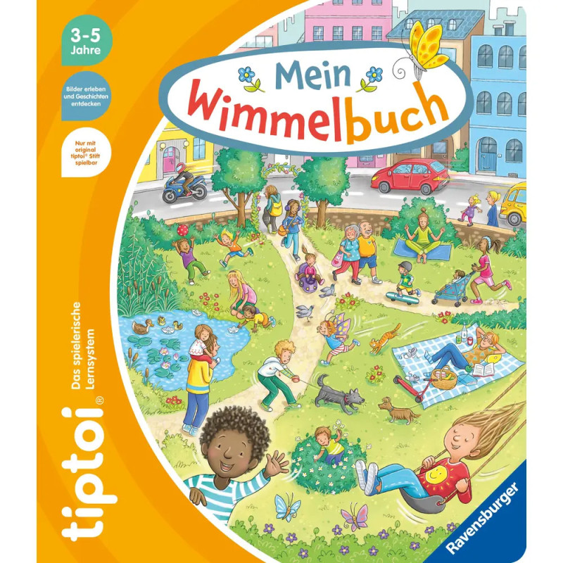 Bunt illustriertes Buchcover mit spielenden Kindern im Park Titel: Mein Wimmelbuch.
