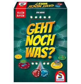Spielschachtel von Geht Noch Was? mit Würfeln und bunten Spielfiguren auf grünem Hintergrund.