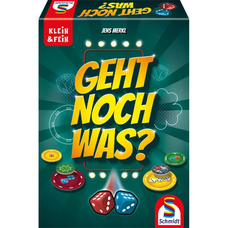 Spielschachtel von Geht Noch Was? mit Würfeln und bunten Spielfiguren auf grünem Hintergrund. Spielschachtel von Geht Noch Was? mit Würfeln und bunten Spielfiguren auf grünem Hintergrund.