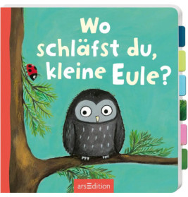 Eine Cartoon-Eule sitzt mit einem Marienkäfer auf einem Ast. Text: Wo schläfst du, kleine Eule?.