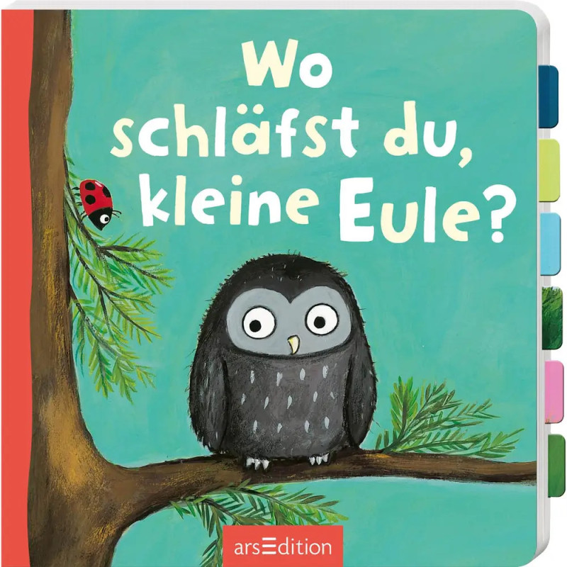 Eine Cartoon-Eule sitzt mit einem Marienkäfer auf einem Ast. Text: Wo schläfst du, kleine Eule?.