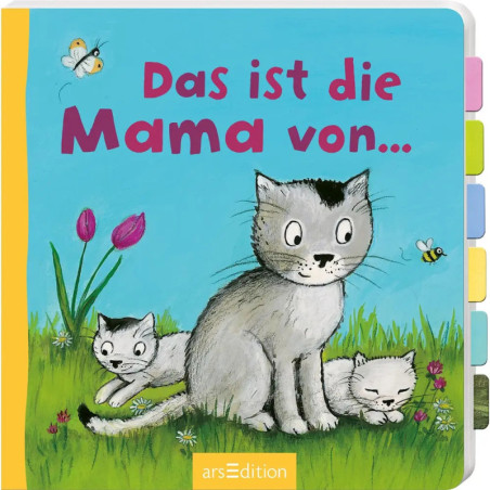 Bunte Buchcover-Illustration: Graue Katze mit zwei Jungen, Blumen, Schmetterling und deutschem Text.