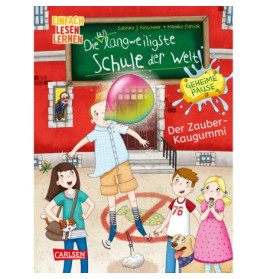 Vor einer Schule schwebt ein Junge an einer riesigen Kaugummiblase, die anderen Kinder schauen erstaunt zu.