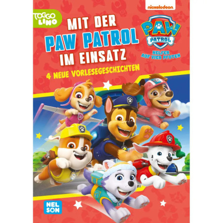Paw Patrol-Welpen in Uniformen auf rotem Buchcover mit Sternen und dem Titel Mit der Paw Patrol im Einsatz.