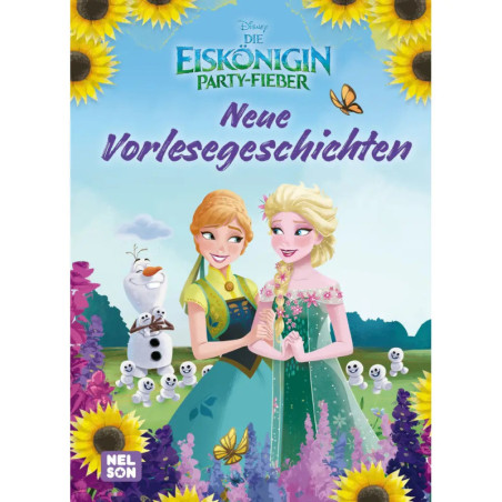 Anna, Elsa und Olaf stehen mit Snowgies und Schmetterlingen lachend im Sonnenblumenfeld auf einem Märchenbuchcover.