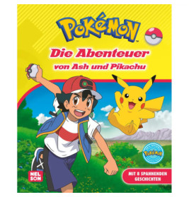 Ash und Pikachu laufen fröhlich im Freien, auf dem deutschen Pokémon-Buchcover: Die Abenteuer von Ash und Pikachu.
