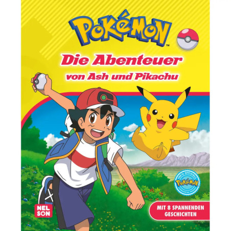 Ash und Pikachu laufen fröhlich im Freien, auf dem deutschen Pokémon-Buchcover: Die Abenteuer von Ash und Pikachu.