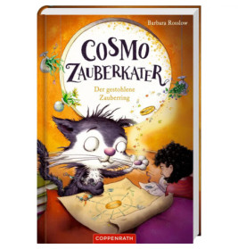 Magische schwarze Katze und Kind mit Buch, leuchtenden Ringen und Sternen auf einem deutschen Buchcover illustriert.