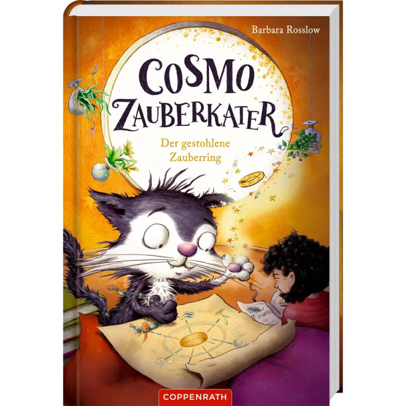 Magische schwarze Katze und Kind mit Buch, leuchtenden Ringen und Sternen auf einem deutschen Buchcover illustriert. Magische schwarze Katze und Kind mit Buch, leuchtenden Ringen und Sternen auf einem deutschen Buchcover illustriert.