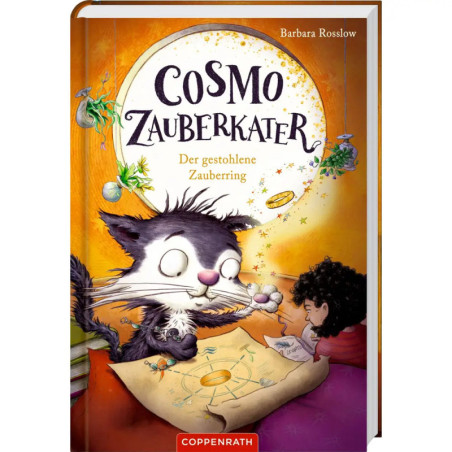 Magische schwarze Katze und Kind mit Buch, leuchtenden Ringen und Sternen auf einem deutschen Buchcover illustriert.