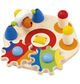 Holzspielzeug für Kleinkinder mit bunten Zahnrädern, Stiften und Formen auf sechseckigem Sockel.