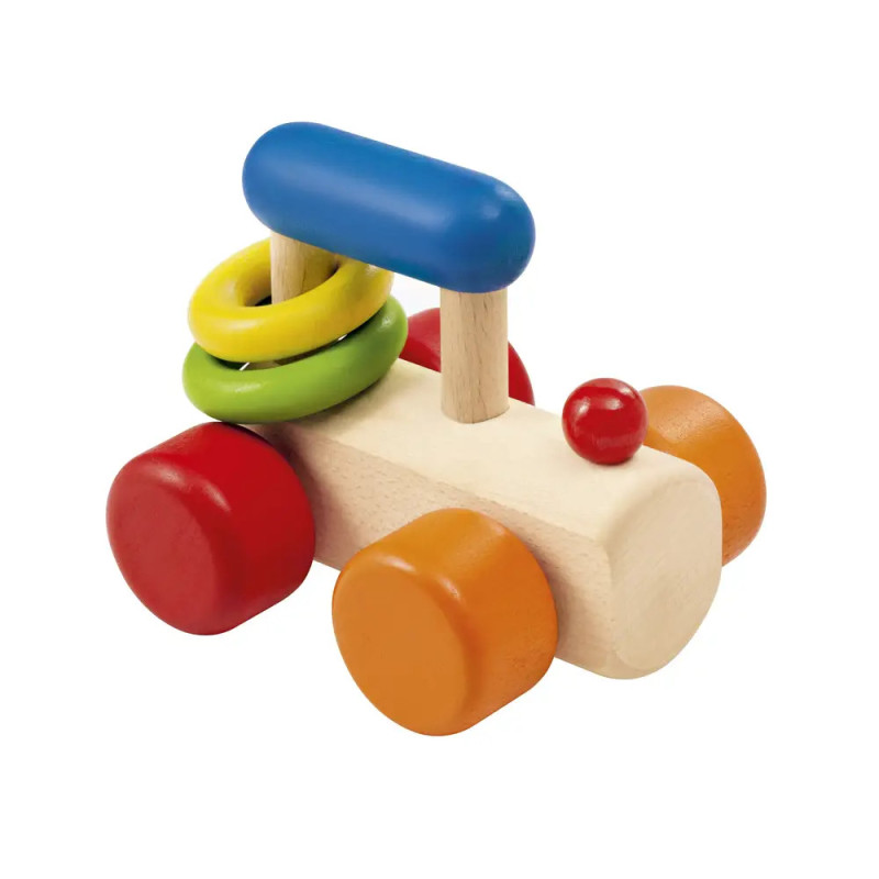 Holzspielzeugauto mit bunten Rädern, blauem Griff und drei grünen sowie gelben Ringen auf dem Dach.