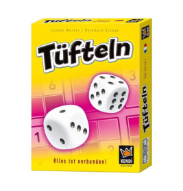 Spielschachtel Tüfteln mit zwei Würfeln auf gelb-pinkem Hintergrund mit Gitterlinien.