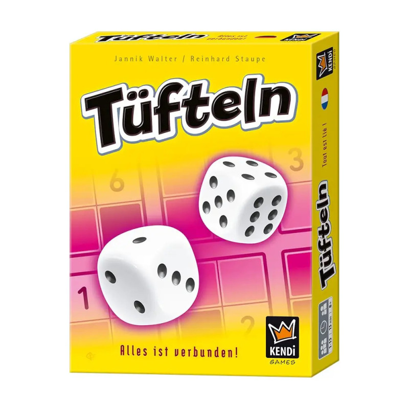 Spielschachtel Tüfteln mit zwei Würfeln auf gelb-pinkem Hintergrund mit Gitterlinien. Spielschachtel Tüfteln mit zwei Würfeln auf gelb-pinkem Hintergrund mit Gitterlinien.