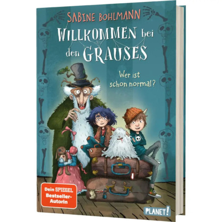 Buchcover: Drei skurrile Figuren und ein Hund sitzen auf einer Bank. Titel: Willkommen bei den Grauses.