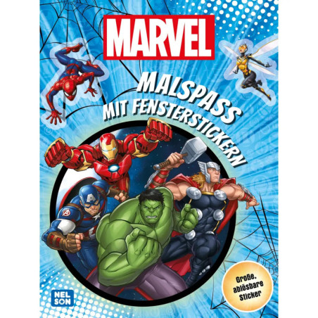 Die Marvel-Helden Iron Man, Thor, Hulk und Captain America vor blauem Comic-Hintergrund mit deutschem Text.