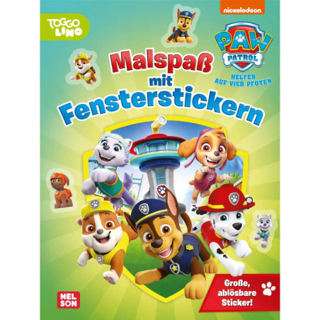 Titelbild eines Paw Patrol Malbuchs mit Figuren, Fensterstickern, deutschem Text und bunten Grafiken.