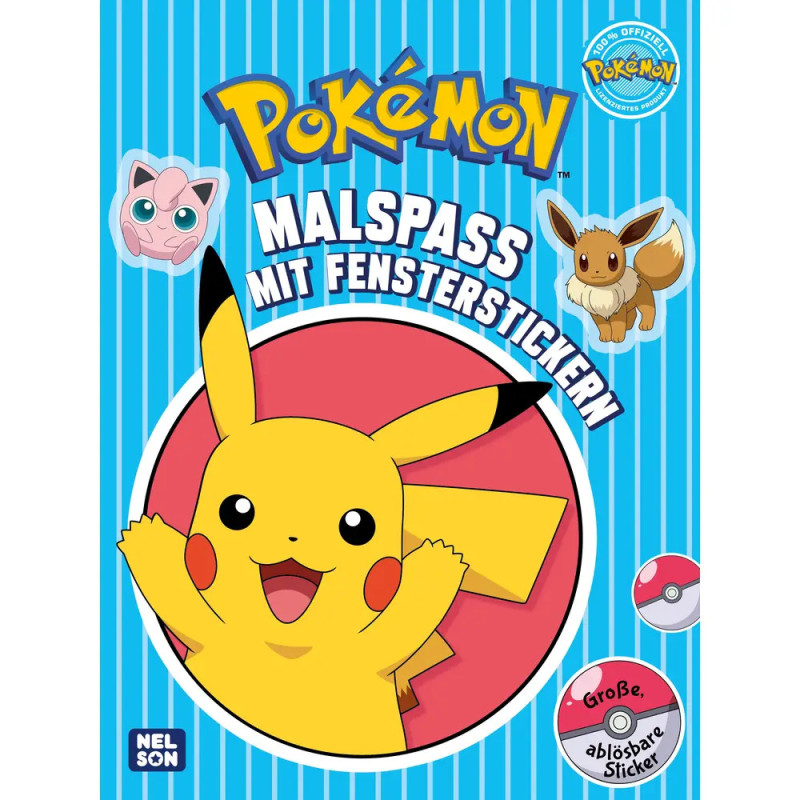 Pikachu, Evoli und Jigglypuff auf dem blau gestreiften Pokémon-Malbuchcover mit deutscher Beschriftung.
