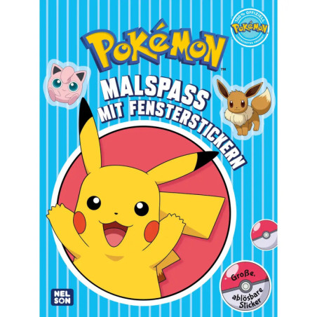 Pikachu, Evoli und Jigglypuff auf dem blau gestreiften Pokémon-Malbuchcover mit deutscher Beschriftung.