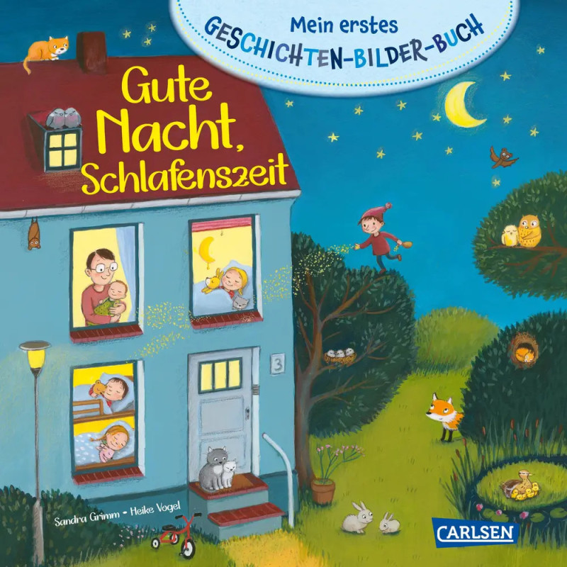 Illustration: Familie im Haus bei Nacht, draußen Tiere und Sterne. Text: Gute Nacht, Schlafenszeit.