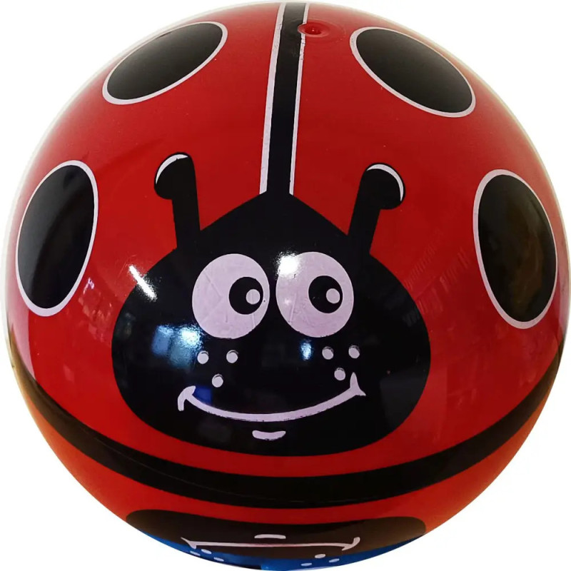 Roter Ball mit Marienkäfergesicht im Cartoon-Stil und schwarzen Punkten.