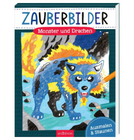 Bunte Illustration eines blauen und gelben, wolfsähnlichen Monsters am Fluss mit Stiften daneben.