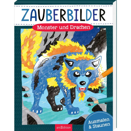 Bunte Illustration eines blauen und gelben, wolfsähnlichen Monsters am Fluss mit Stiften daneben.