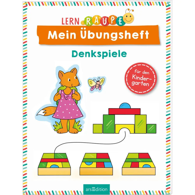 Buntes Arbeitsbuch mit Fuchs, Schmetterling, Bausteinen und deutschem Rätseltext für den Kindergarten.