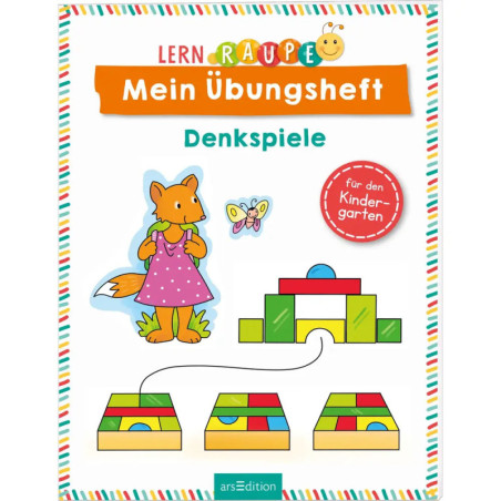 Buntes Arbeitsbuch mit Fuchs, Schmetterling, Bausteinen und deutschem Rätseltext für den Kindergarten.