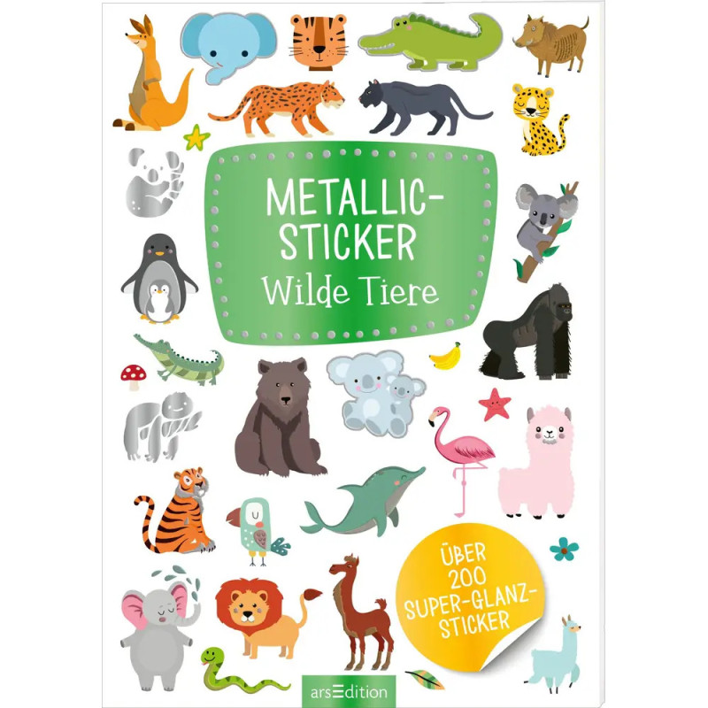Stickerbogen mit bunten Wildtieren und grünem Etikett: Metallic-Sticker Wilde Tiere.