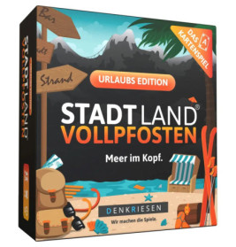 Box der Stadt Land Vollpfosten Urlaubs Edition mit Reise-Illustrationen und -Schildern.