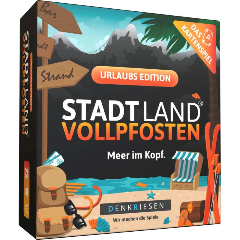 Box der Stadt Land Vollpfosten Urlaubs Edition mit Reise-Illustrationen und -Schildern. Box der Stadt Land Vollpfosten Urlaubs Edition mit Reise-Illustrationen und -Schildern.