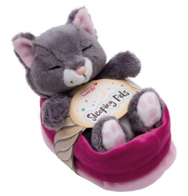 Graue Plüschkatze mit geschlossenen Augen schläft in rosa Bett, Schild Sleeping Pets sichtbar.