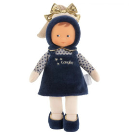 Plüschpuppe mit blauem Kleid und Kapuze, goldener Schleife und gestickten Sternen auf der Vorderseite.